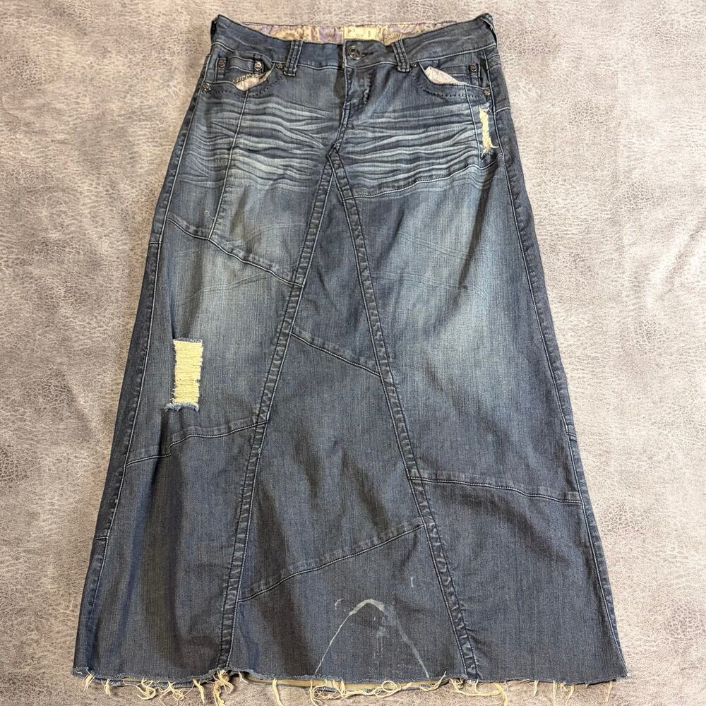 Y2k Denim Patchwork Distressed Maxi Skirt